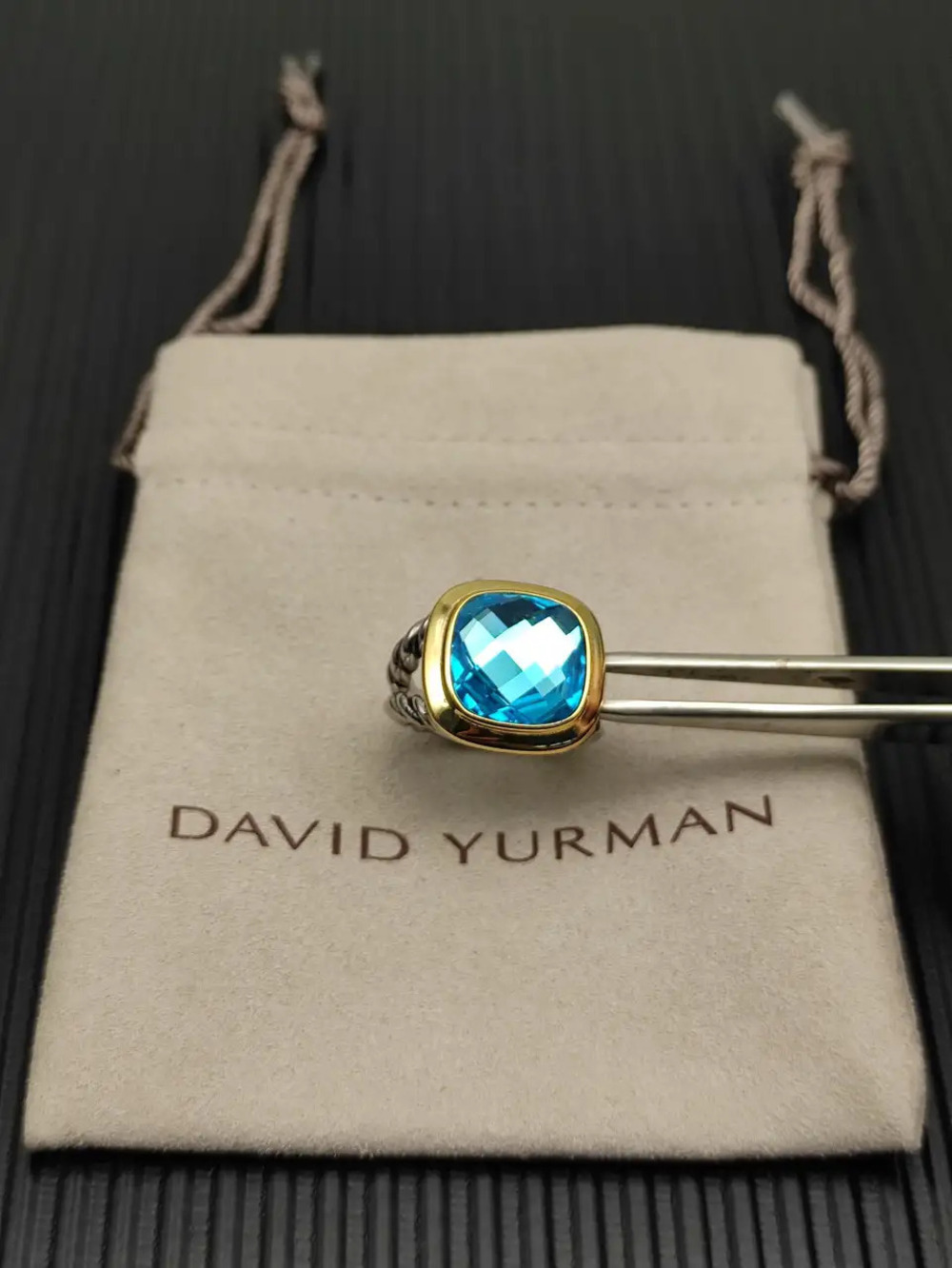 David Yurman two-tone square diamond and blue diamond ring